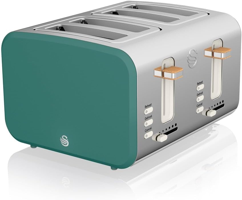 Swan ST14620GREN Nordic 4 - Slice Toaster with Defrost/Reheat/Cancel Functions, Cord Storage, 1500W, Green - Amazing Gadgets Outlet