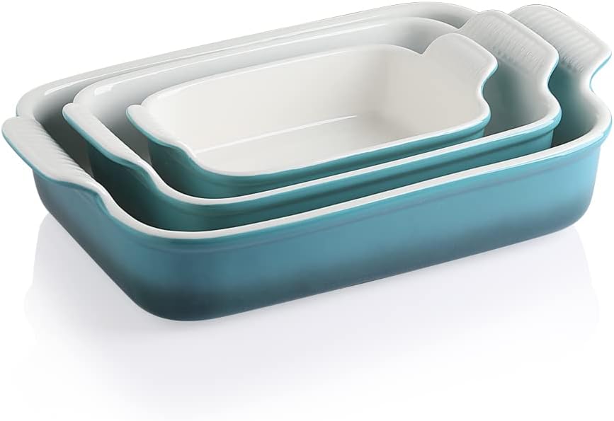 Sweejar Home Casserole Dishes for Oven, Ceramic Bakeware Set of 3, Rectangular Baking dish with Handles, Wave Edge Lasagna Pan Deep for Cooking, Cake, Dinner, Banquet and Daily Use (Navy) - Amazing Gadgets Outlet