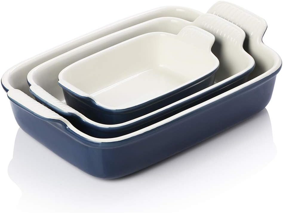 Sweejar Home Casserole Dishes for Oven, Ceramic Bakeware Set of 3, Rectangular Baking dish with Handles, Wave Edge Lasagna Pan Deep for Cooking, Cake, Dinner, Banquet and Daily Use (Navy) - Amazing Gadgets Outlet