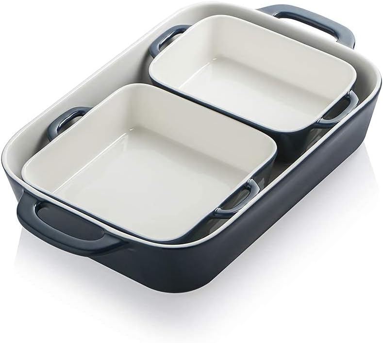 Sweejar Home Casserole Dishes for Oven, Ceramic Bakeware Set of 3, Rectangular Baking dish with Handles, Wave Edge Lasagna Pan Deep for Cooking, Cake, Dinner, Banquet and Daily Use (Navy) - Amazing Gadgets Outlet