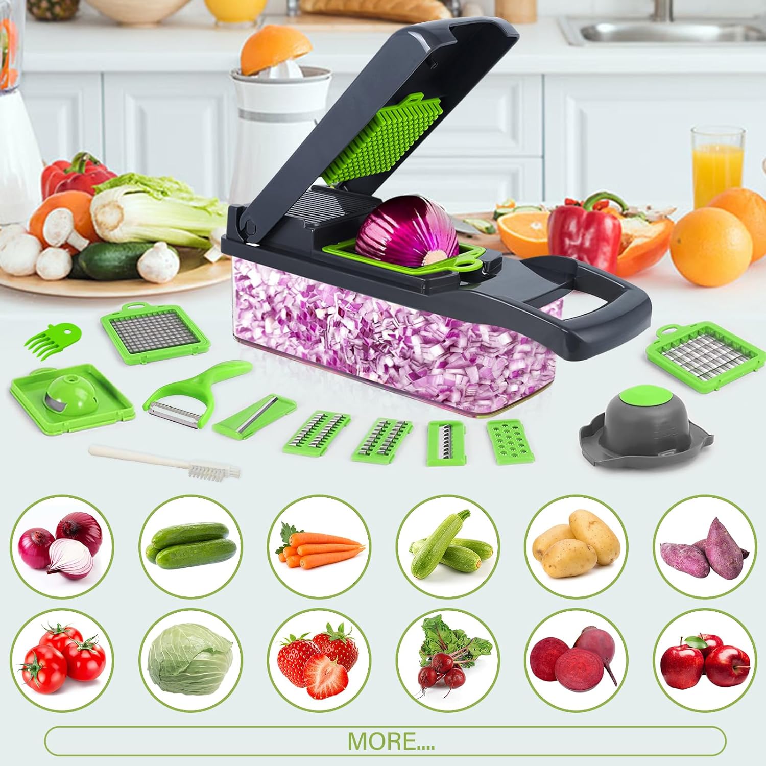 Swetfela 18 In 1 Vegetable Chopper, Mandoline Vegetable Slicer Multifunctional, Chopper Vegetable Cutter with 7 Blades, Mitten, Cleaning Brush and Peeler, Food Chopper for Cutting Vegetables and Fruit - Amazing Gadgets Outlet