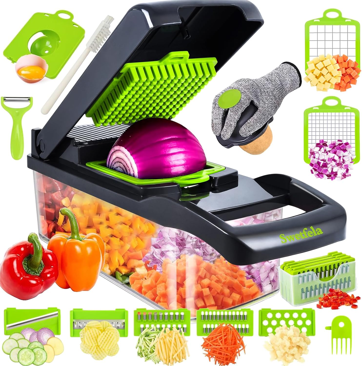 Swetfela 18 In 1 Vegetable Chopper, Mandoline Vegetable Slicer Multifunctional, Chopper Vegetable Cutter with 7 Blades, Mitten, Cleaning Brush and Peeler, Food Chopper for Cutting Vegetables and Fruit - Amazing Gadgets Outlet