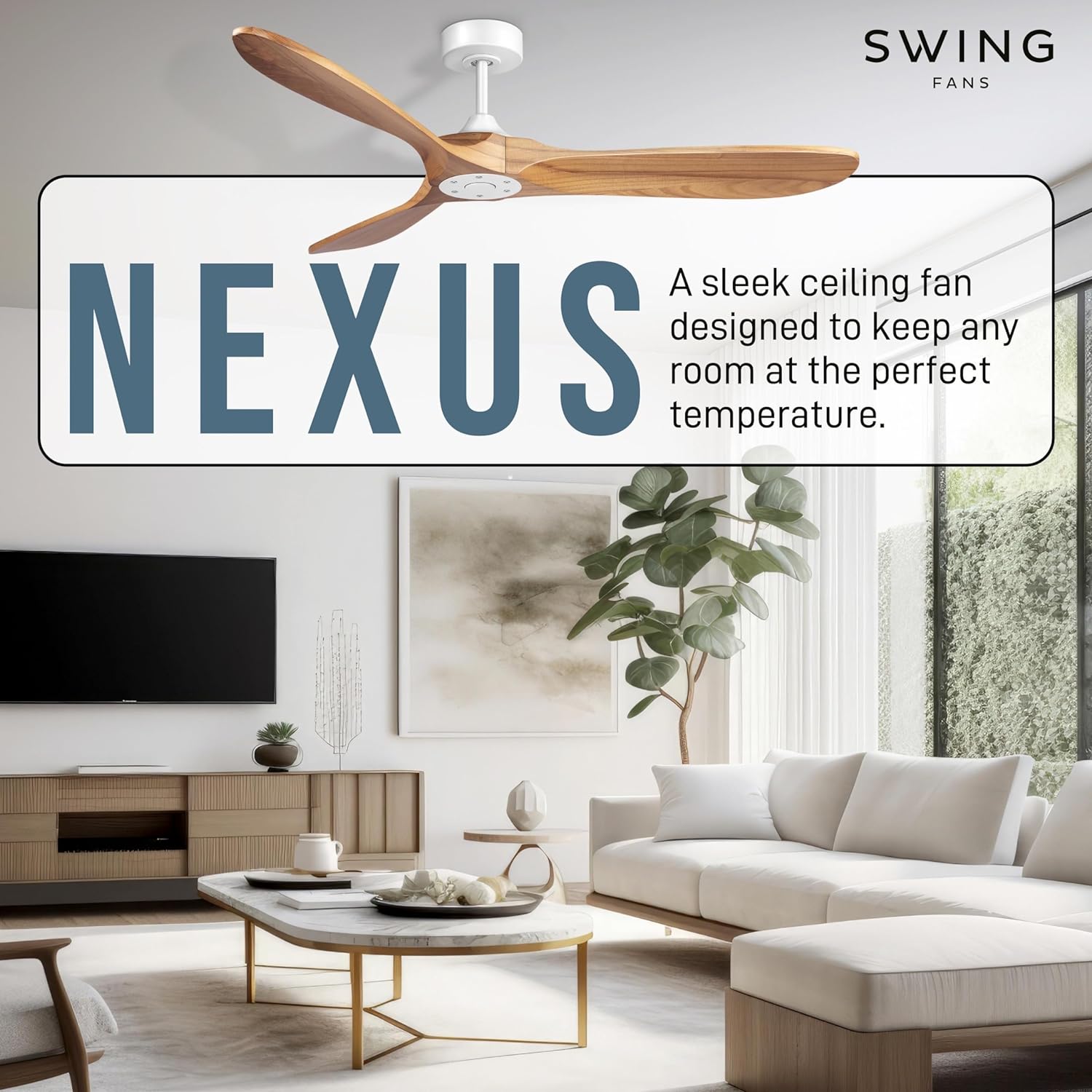 SWING NEXUS Ceiling Fan 54”: Oval End Paddle Design with Black, White, or Teak Blades and Black, Gold, or White Body, 6 Speeds, Bottom Cover with Remote Control & Timer - Amazing Gadgets Outlet