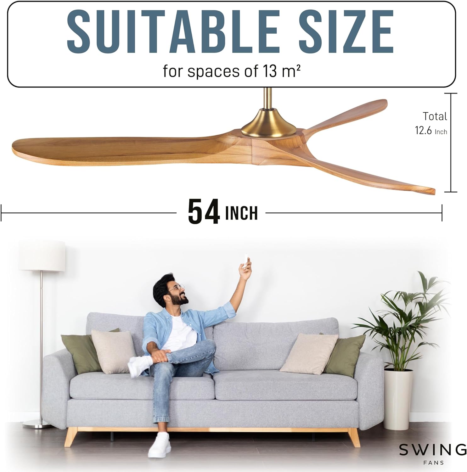 SWING NEXUS Ceiling Fan 54”: Oval End Paddle Design with Black, White, or Teak Blades and Black, Gold, or White Body, 6 Speeds, Bottom Cover with Remote Control & Timer - Amazing Gadgets Outlet