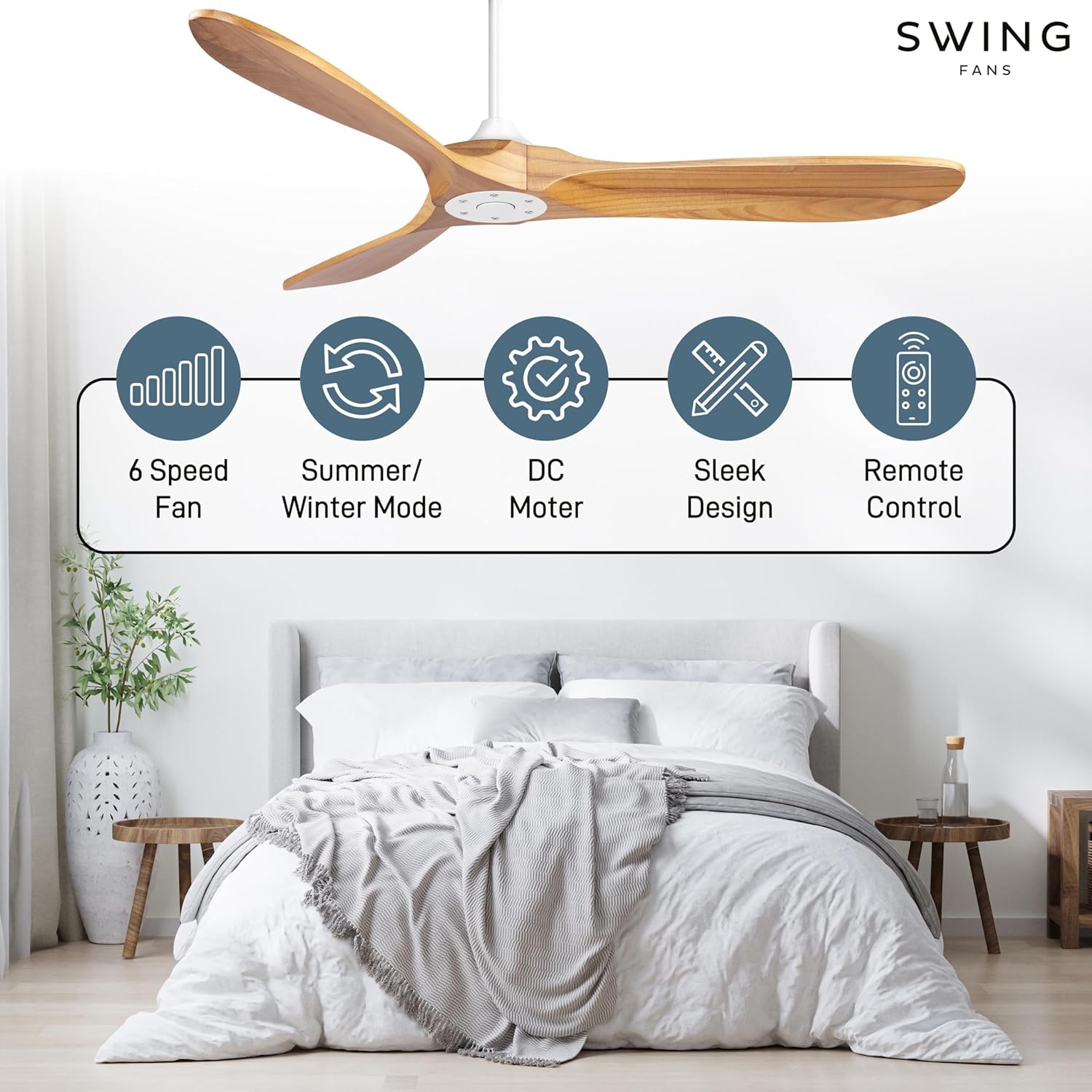 SWING NEXUS Ceiling Fan 54”: Oval End Paddle Design with Black, White, or Teak Blades and Black, Gold, or White Body, 6 Speeds, Bottom Cover with Remote Control & Timer - Amazing Gadgets Outlet