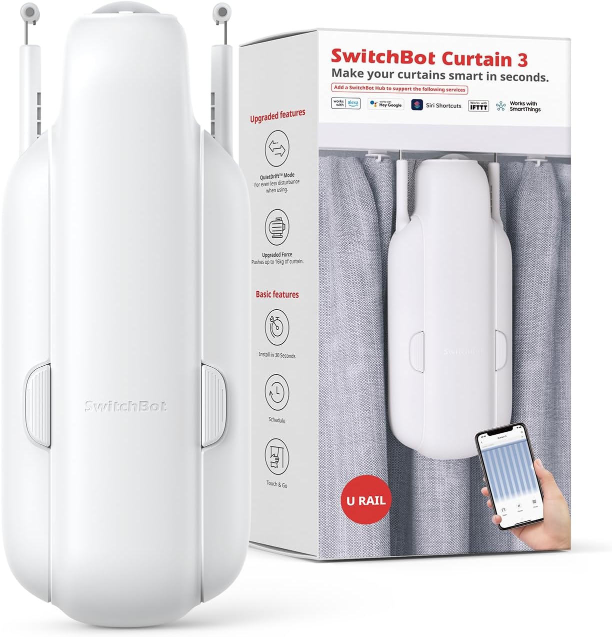 SwitchBot Smart Automatic Curtain Opener - Bluetooth Remote Control with App/Timer, Upgraded Performance Motor, Add SwitchBot Hub to Make it Work with Alexa, Google Home, HomeKit(Curtain 3, U Rail) - Amazing Gadgets Outlet