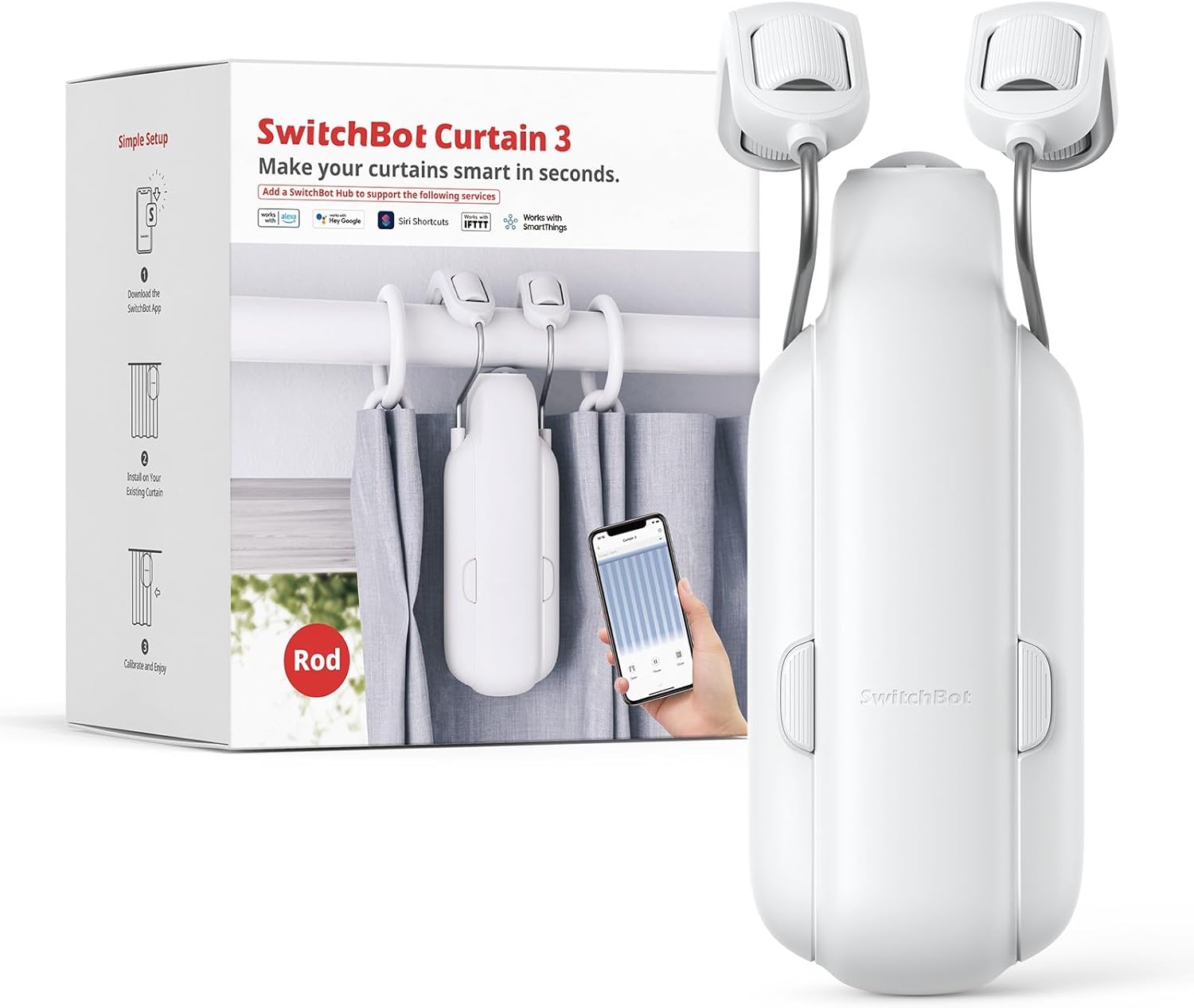 SwitchBot Smart Automatic Curtain Opener - Bluetooth Remote Control with App/Timer, Upgraded Performance Motor, Add SwitchBot Hub to Make it Work with Alexa, Google Home, HomeKit(Curtain 3, U Rail) - Amazing Gadgets Outlet