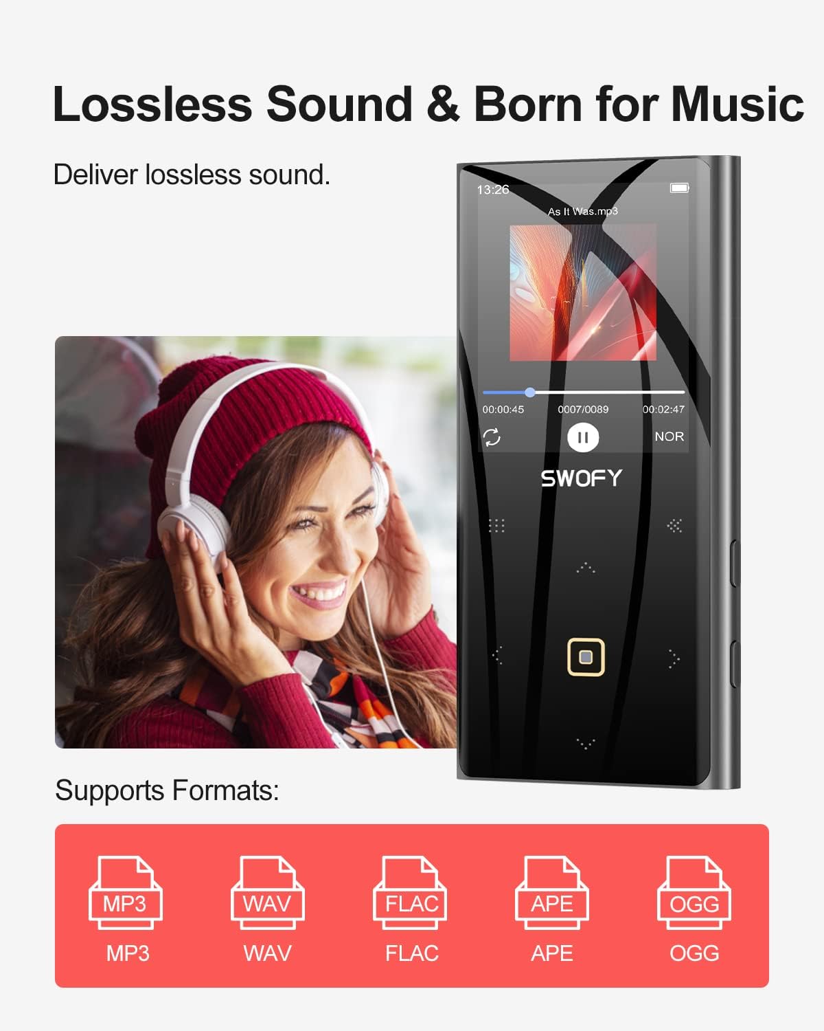 SWOFY Mp3 Player Bluetooth 5.0, 32GB HiFi Lossless Sound Digital Music Player with 2.4" Screen FM Radio Voice Recorder, Touch Button, Support up to 128GB, Black - Amazing Gadgets Outlet