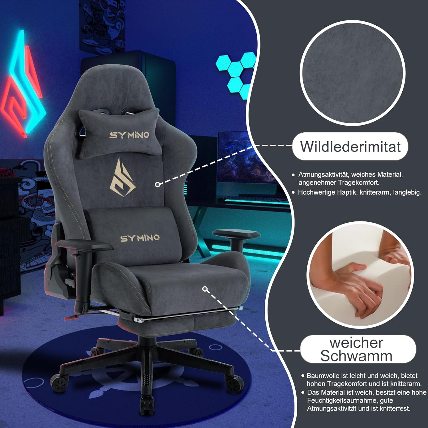 Symino Gaming Chair, Computer Chair with Footrest, Headrest and Lumbar Support, Ergonomic PC Chair, Height Adjustable Rotating Task Chairs, Gray - Amazing Gadgets Outlet