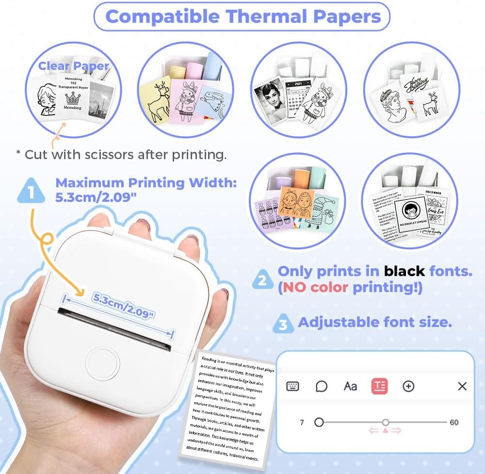 T02 Mini Printer - Bluetooth Inkless Instant Photo Printer, Small Thermal Pocket Sticker Printer, Portable Phone Picture Printer, for Kids Birthday, Children, White - Amazing Gadgets Outlet