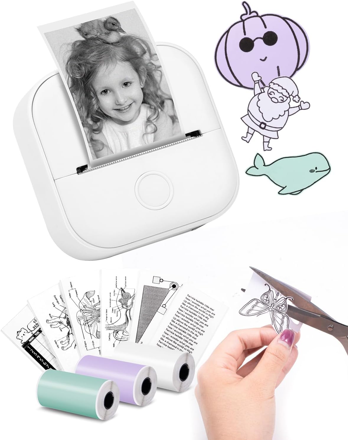 T02 Mini Printer - Bluetooth Inkless Instant Photo Printer, Small Thermal Pocket Sticker Printer, Portable Phone Picture Printer, for Kids Birthday, Children, White - Amazing Gadgets Outlet