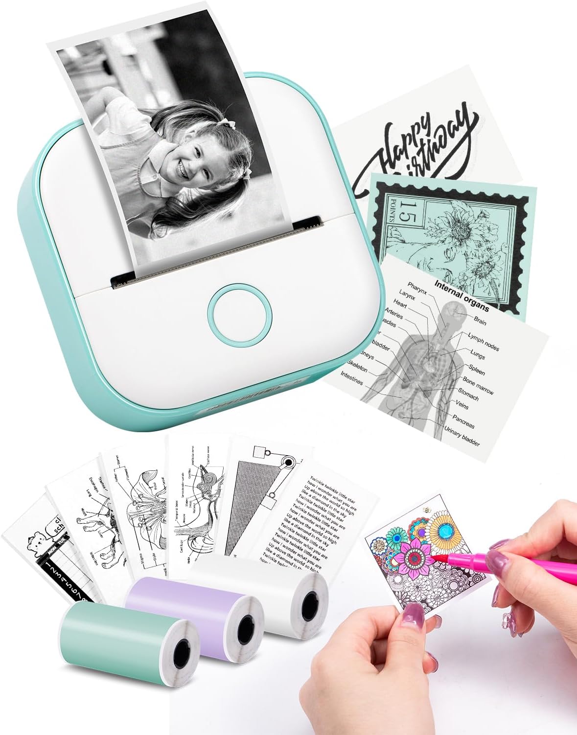 T02 Mini Printer - Bluetooth Inkless Instant Photo Printer, Small Thermal Pocket Sticker Printer, Portable Phone Picture Printer, for Kids Birthday, Children, White - Amazing Gadgets Outlet