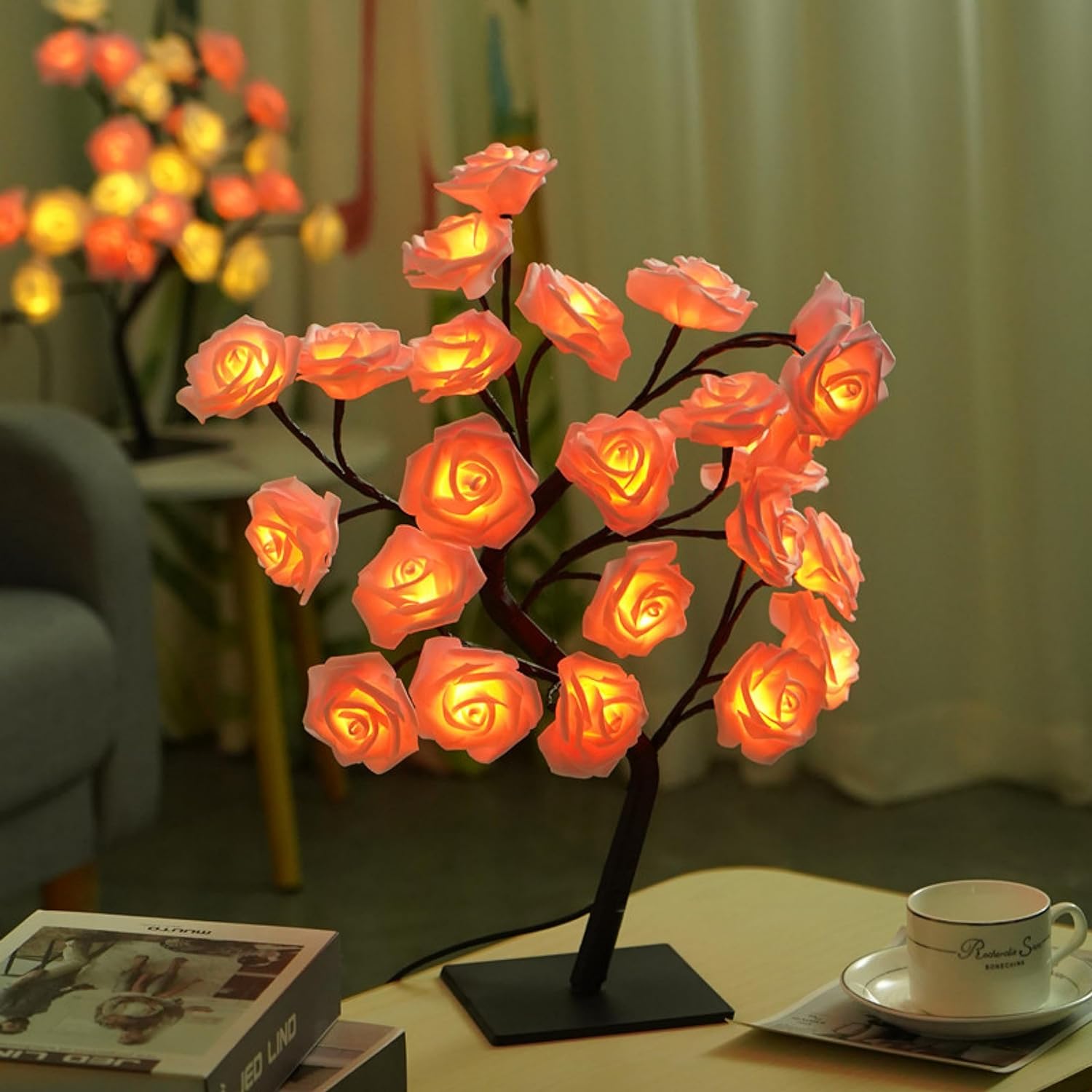 Table Lamp Rose Flower Desk Tree Lamp USB Operated Gift Tree Night Light Centerpiece Fairy Light for Mother's Father's Day Home Bedroom Valentines Easter Wedding Party Decor LED Desk Light (Pink) - Amazing Gadgets Outlet