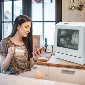 Table Top Dishwasher, Mini Countertop Dishwasher Portable, 6 Programs, Built - in 5L Water Tank, 4 Place Settings, Touch Control, LED Display, Fruit Wash, No Installation, White - Amazing Gadgets Outlet