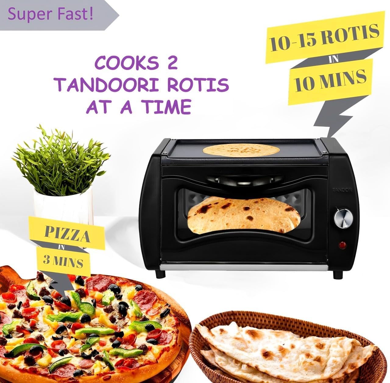 Tandoor Mini Oven Lahmacun Pizza Naan Chapati Bread Maker - Electric Tandoor, Black - Amazing Gadgets Outlet