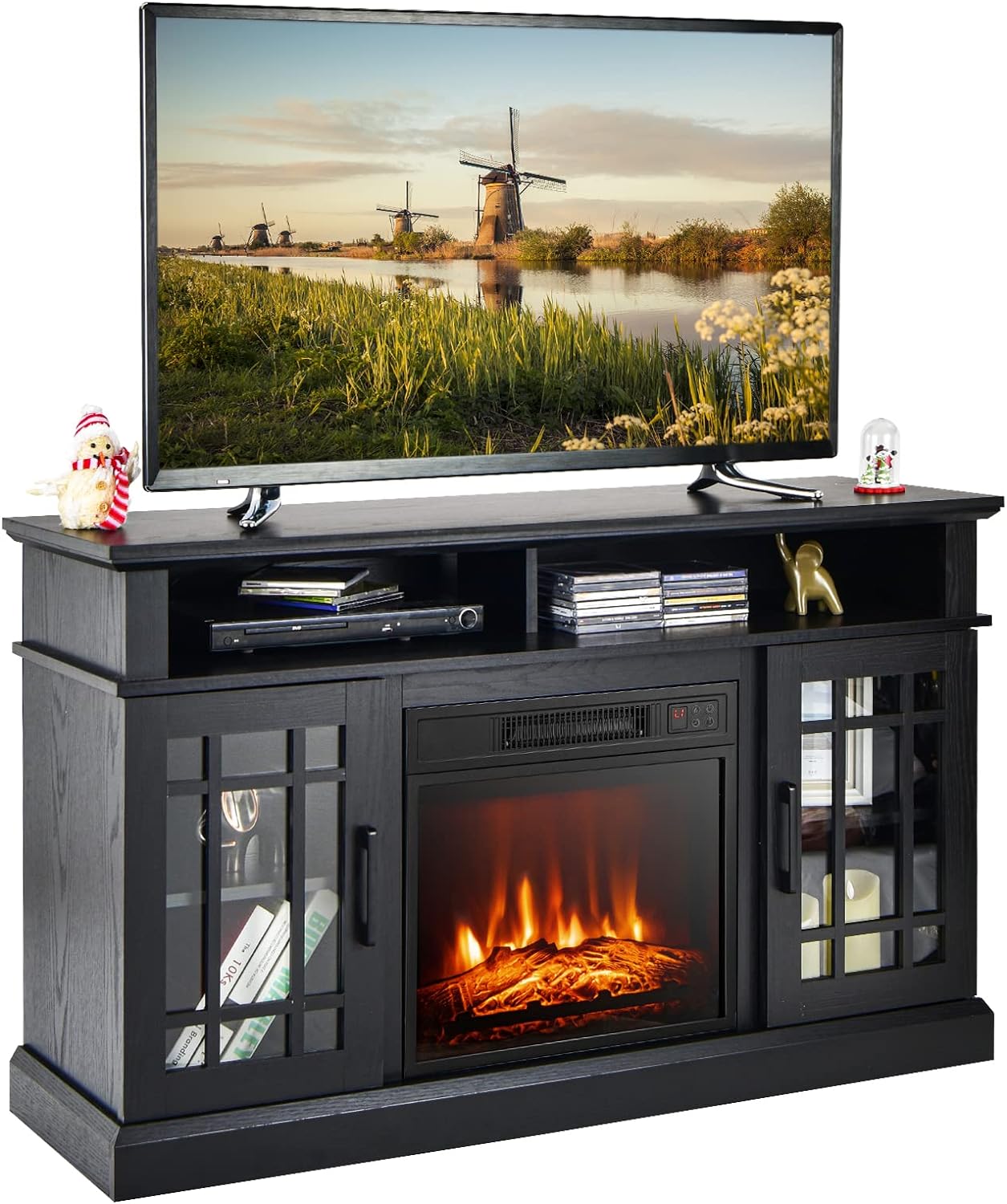 TANGZON Electric Fireplace Insert TV Stand, Freestanding Media Console Table Entertainment Center with 1800 - 2000W Fireplace Heater & Remote Control (Black, 23" Fireplace,148x40x82cm for 65" TV) - Amazing Gadgets Outlet