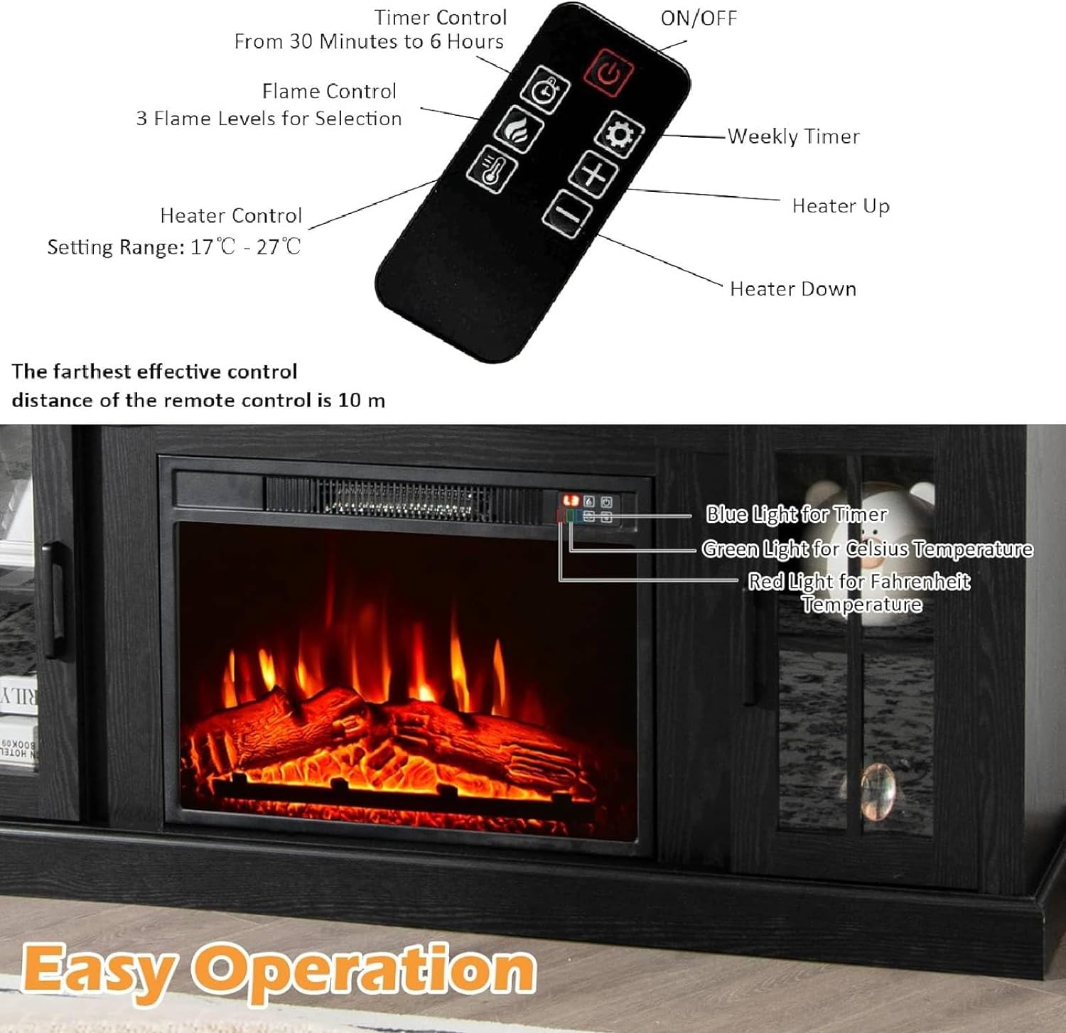 TANGZON Electric Fireplace Insert TV Stand, Freestanding Media Console Table Entertainment Center with 1800 - 2000W Fireplace Heater & Remote Control (Black, 23" Fireplace,148x40x82cm for 65" TV) - Amazing Gadgets Outlet