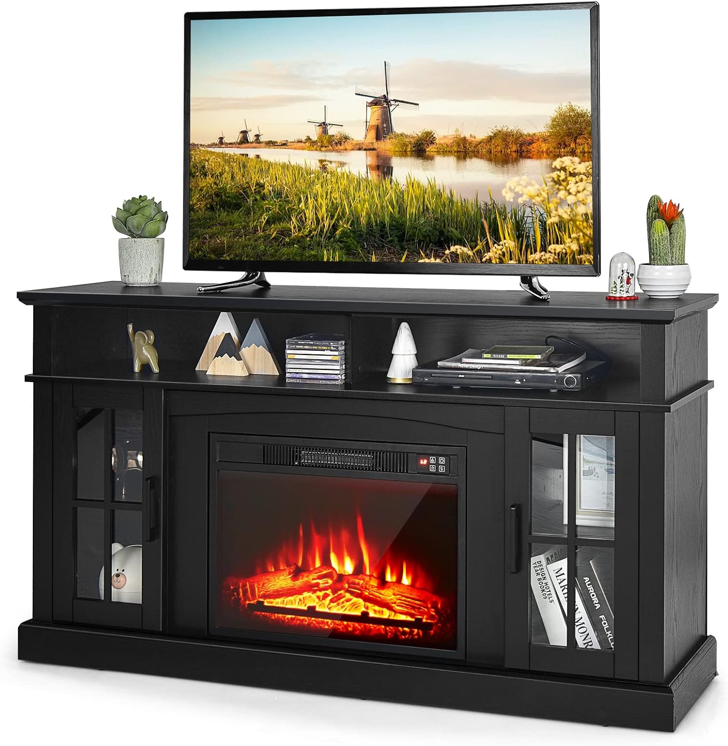 TANGZON Electric Fireplace Insert TV Stand, Freestanding Media Console Table Entertainment Center with 1800 - 2000W Fireplace Heater & Remote Control (Black, 23" Fireplace,148x40x82cm for 65" TV) - Amazing Gadgets Outlet