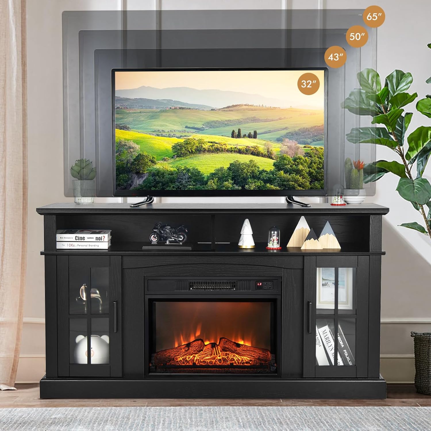 TANGZON Electric Fireplace Insert TV Stand, Freestanding Media Console Table Entertainment Center with 1800 - 2000W Fireplace Heater & Remote Control (Black, 23" Fireplace,148x40x82cm for 65" TV) - Amazing Gadgets Outlet