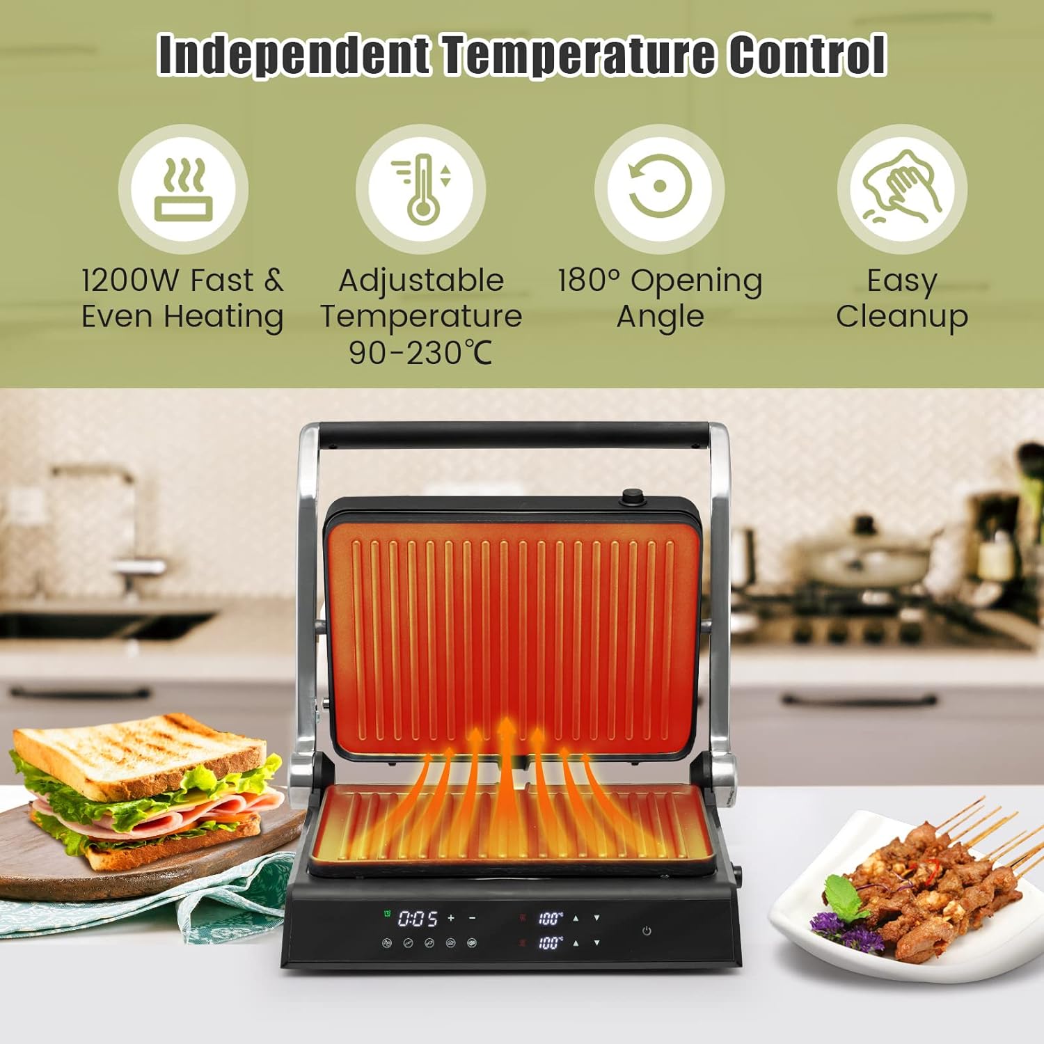 TANGZON Electric Fold - out Non - Stick Grill, LED Touch Gourmet Sandwich Maker Panini Press with 2 Detachable Plates & Adjustable Temperature, BBQ Griils Countertop Breakfast Hotplate (Bakelite Top) - Amazing Gadgets Outlet