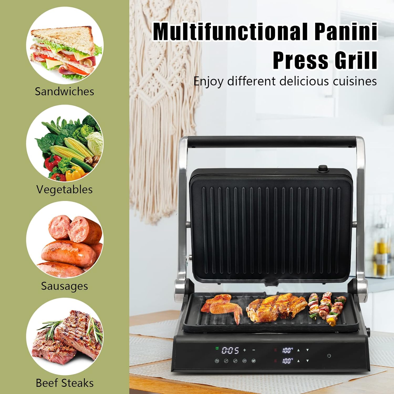 TANGZON Electric Fold - out Non - Stick Grill, LED Touch Gourmet Sandwich Maker Panini Press with 2 Detachable Plates & Adjustable Temperature, BBQ Griils Countertop Breakfast Hotplate (Bakelite Top) - Amazing Gadgets Outlet