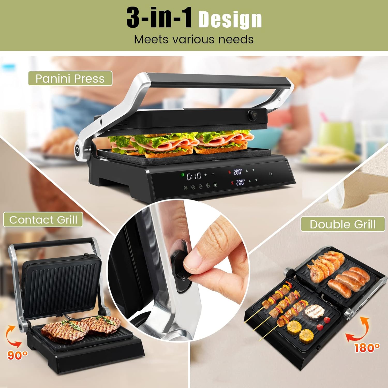 TANGZON Electric Fold - out Non - Stick Grill, LED Touch Gourmet Sandwich Maker Panini Press with 2 Detachable Plates & Adjustable Temperature, BBQ Griils Countertop Breakfast Hotplate (Bakelite Top) - Amazing Gadgets Outlet