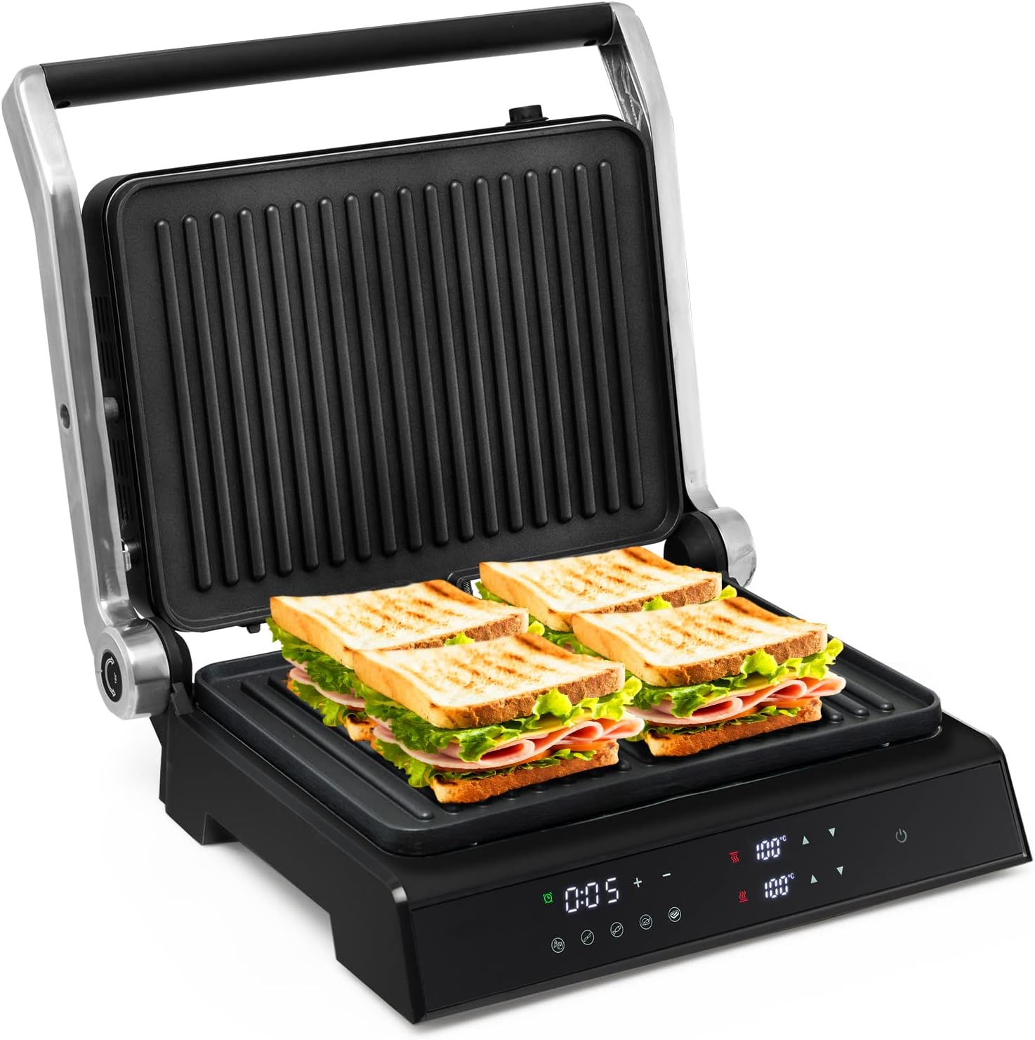 TANGZON Electric Fold - out Non - Stick Grill, LED Touch Gourmet Sandwich Maker Panini Press with 2 Detachable Plates & Adjustable Temperature, BBQ Griils Countertop Breakfast Hotplate (Bakelite Top) - Amazing Gadgets Outlet