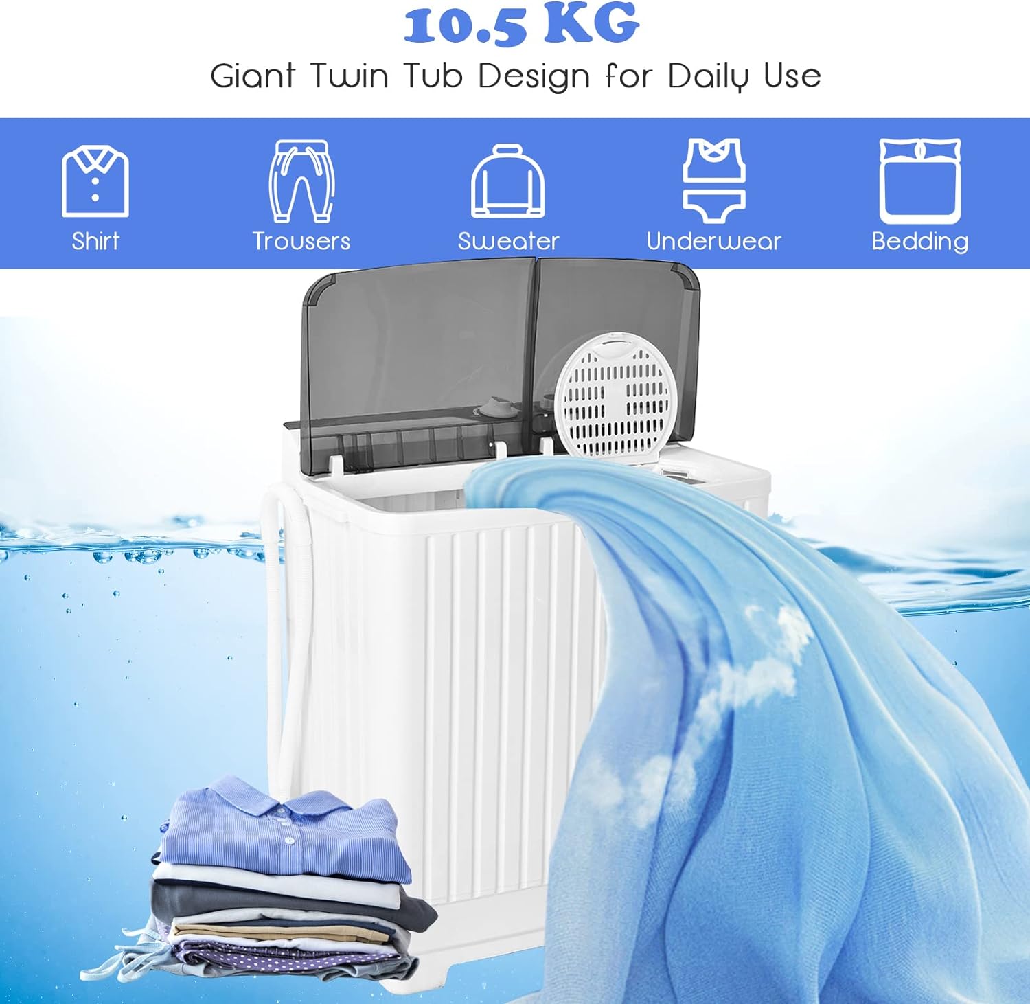 TANGZON Twin Tub Washing Machine, 10.5/8.5/4.5KG Portable Washer and Spin Dryer Combo with Timer Control, Compact Washer for Camping Dorm Caravan RV, 7.5/6.5/3.5KG Washer 3/2/1KG Drying (10.5KG, Grey) - Amazing Gadgets Outlet