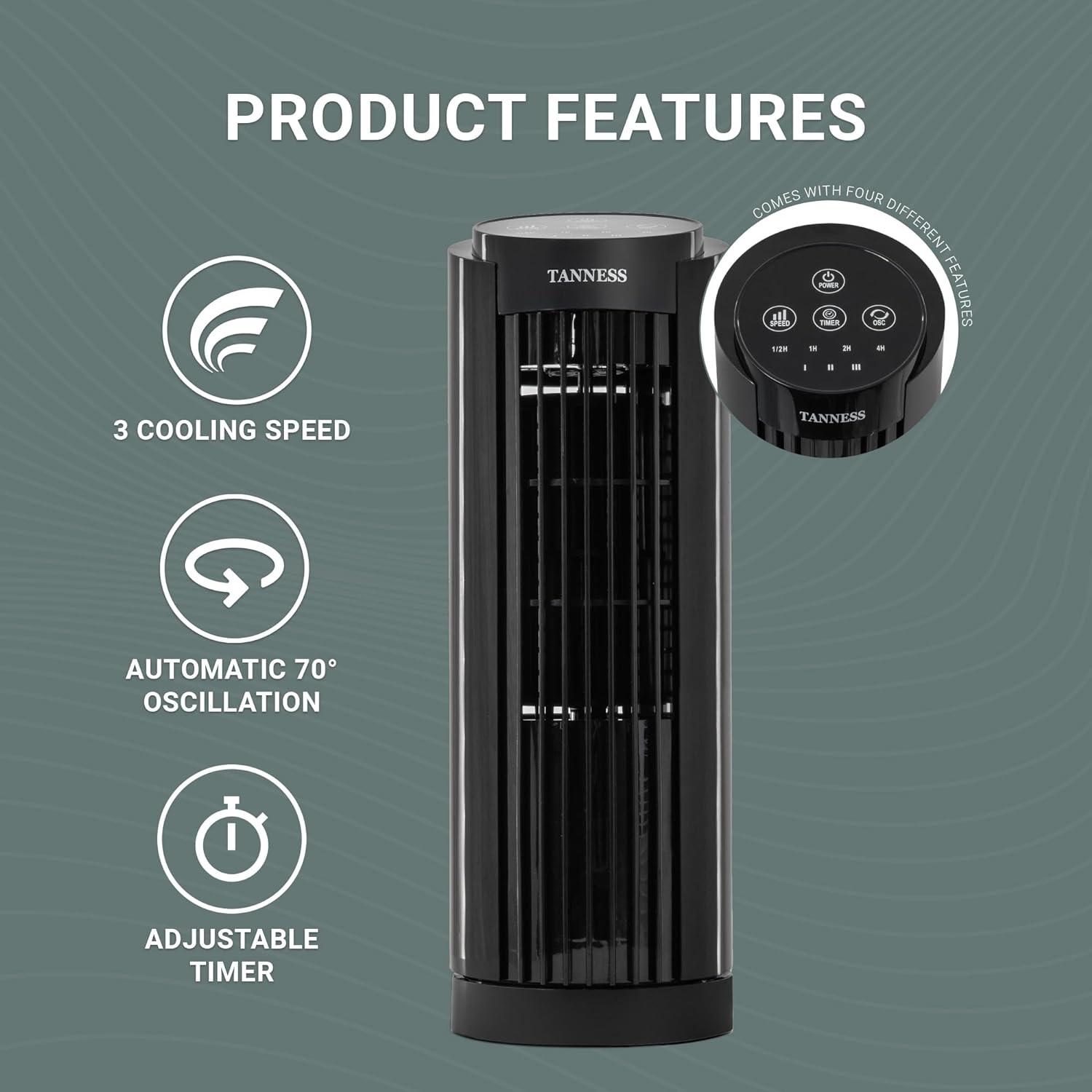 TANNESS 13'' Tower Fan, 3 Speed Adjustable Cooling Fan, 70° Oscillating Desk Fan with 7.5H Timer, Tall & Portable Mini Standing Table Fan, Silent Tower Fan, Ideal Fans for Bedroom, Office - Black - Amazing Gadgets Outlet