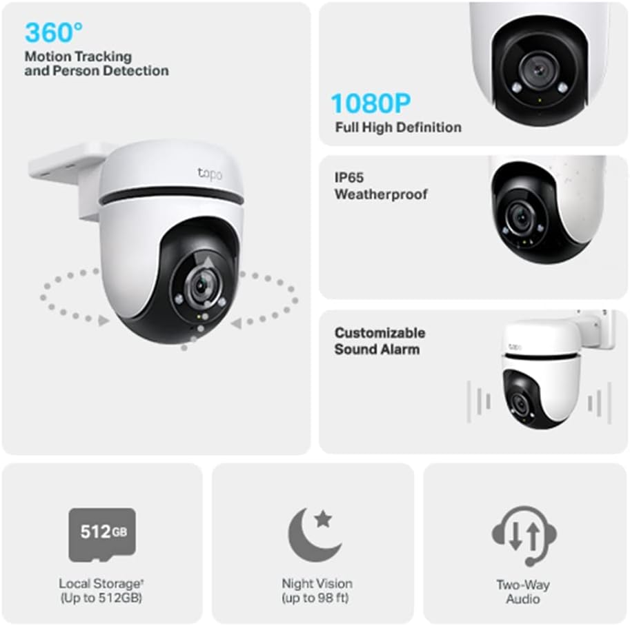 Tapo 1080p Full HD Pan/Tilt Wireless Outdoor Security Camera, 360° Motion Detection, IP65 Weatherproof, Night Vision, Cloud &SD Card Storage, Works with Alexa&Google Home (Tapo C500) White - Amazing Gadgets Outlet