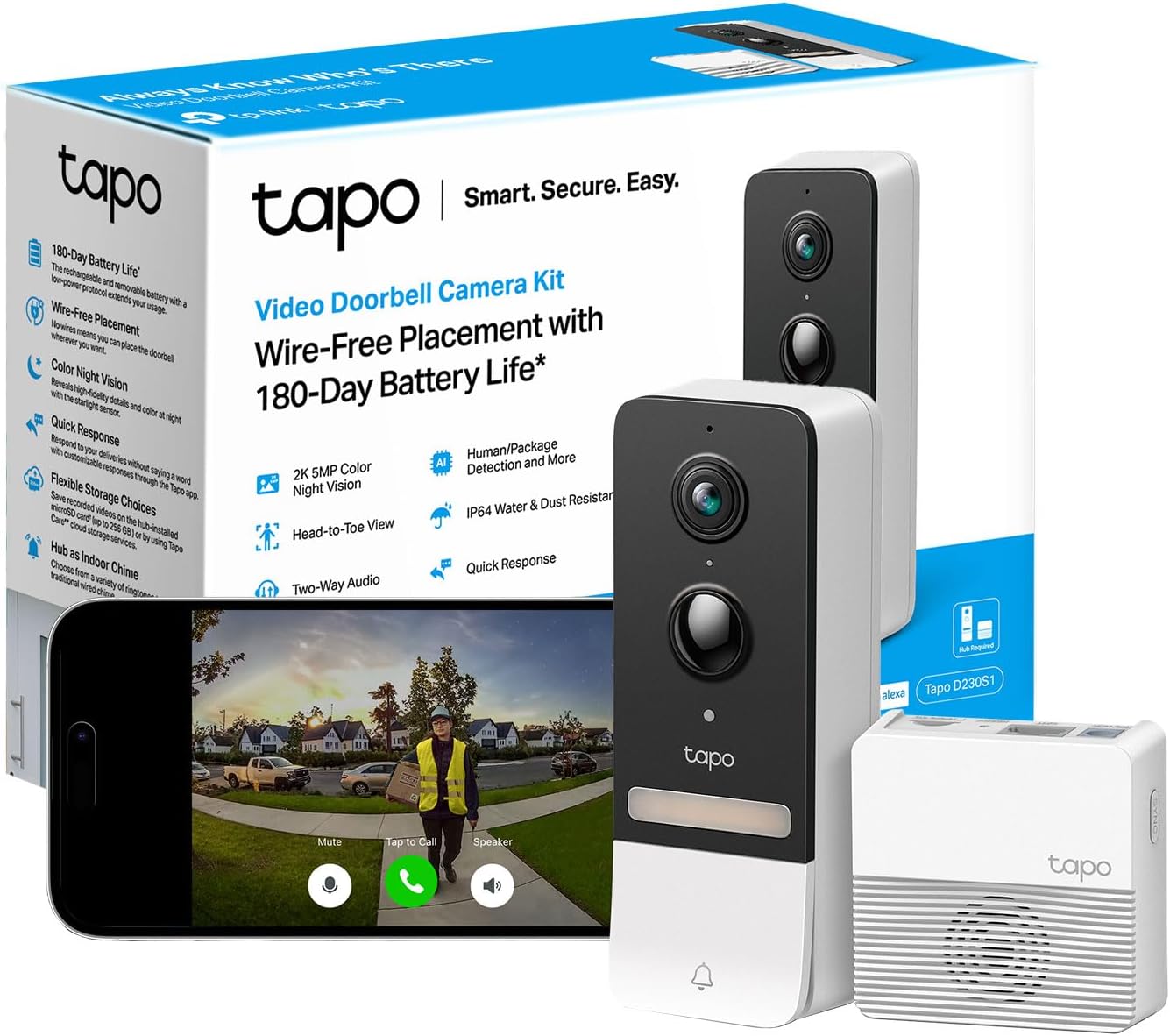 Tapo 2K 5MP Smart Wireless Security Video Doorbell, Battery - powered, Two - Way Talk, IP64, Colour Night Vision, Cloud &Local Storage, Works with Alexa&Google Home, Easy Installation(Tapo D230S1) - Amazing Gadgets Outlet