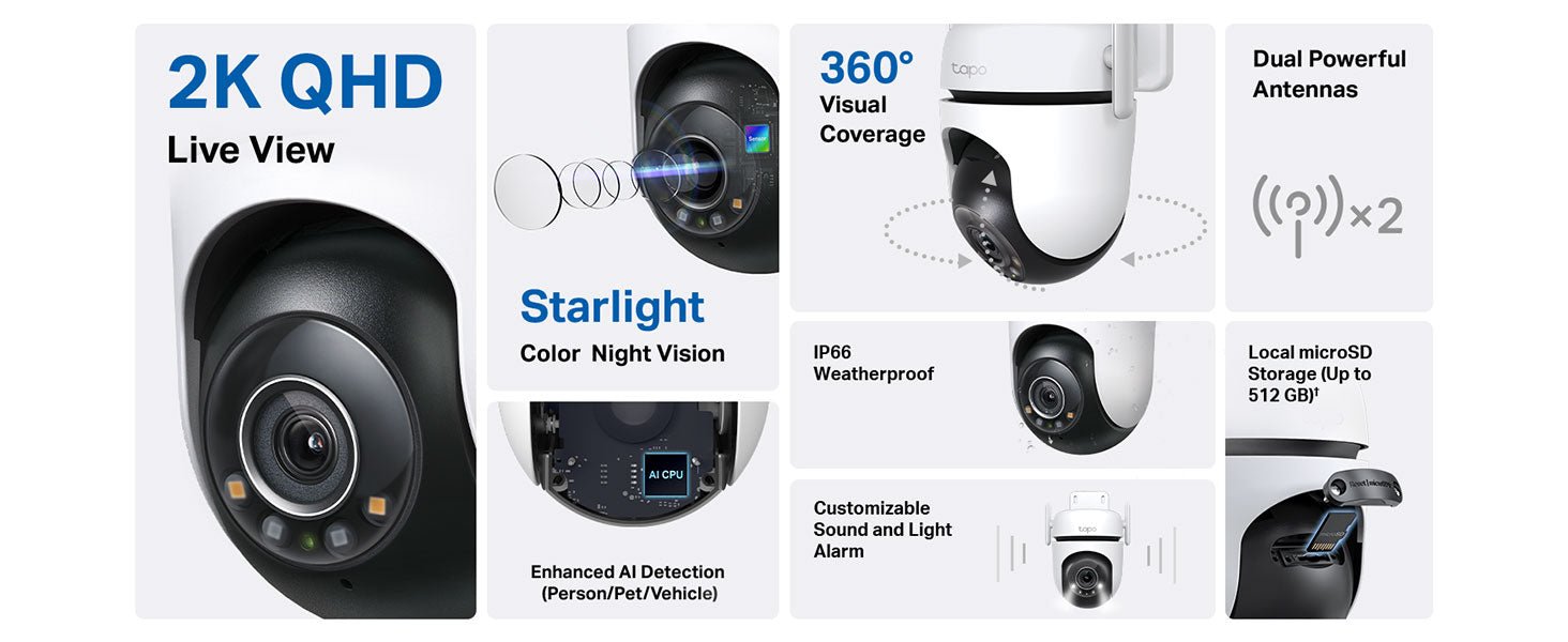 Tapo 2K Pan/Tilt Wireless Outdoor Security Camera, IP66 Weatherproof, AI Detection,360° Visual Coverage,Starlight Colour Night Vision,Cloud &Local Storage,Works with Alexa&Google Home (Tapo C520WS) - Amazing Gadgets Outlet