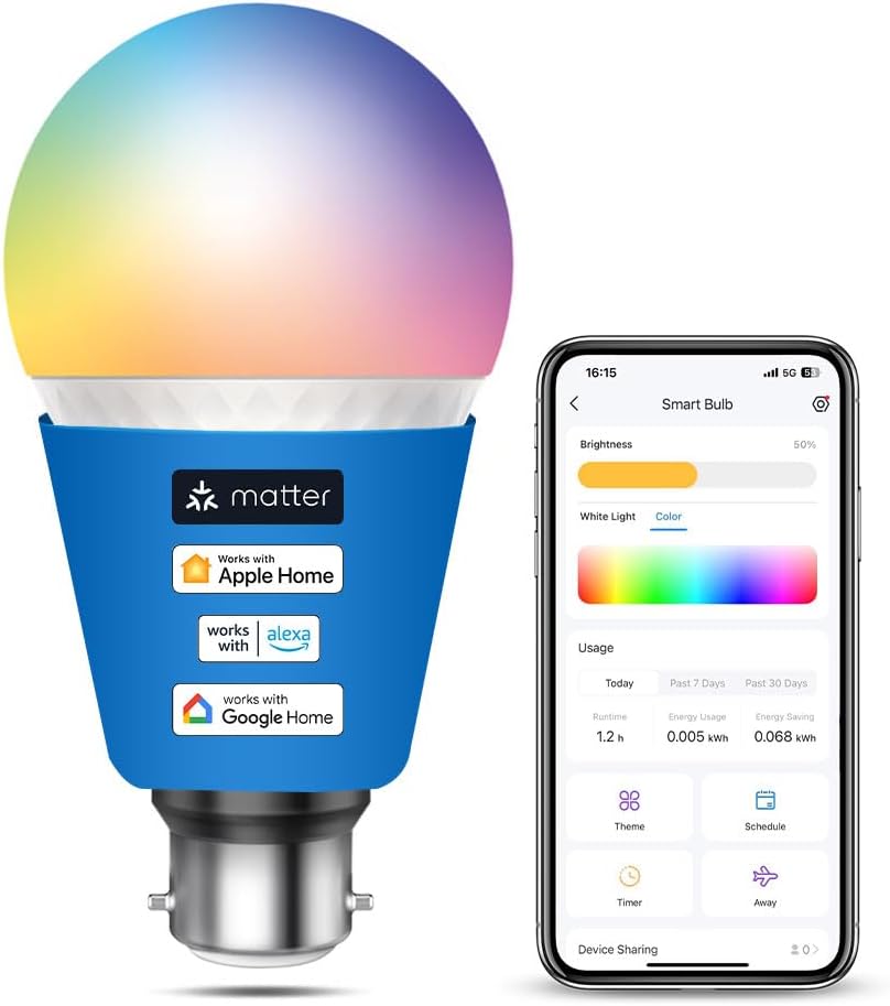 Tapo Matter Smart Wi - Fi LED Bulb, Multicolours, B22, 8.6W, Energy Monitoring, Works with Apple HomeKits, Amazon Alexa and Google Home, Colour - Changeable, No Hub Required (Tapo L535B) [Energy Class E] - Amazing Gadgets Outlet