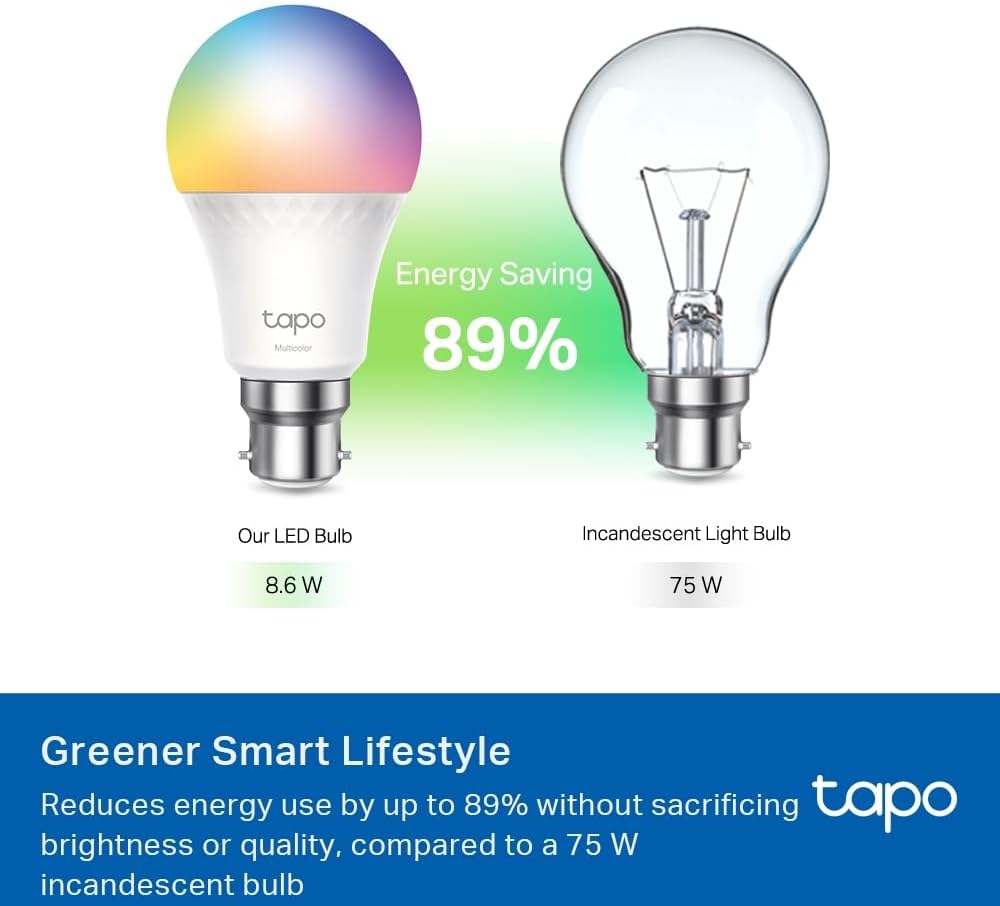 Tapo Matter Smart Wi - Fi LED Bulb, Multicolours, B22, 8.6W, Energy Monitoring, Works with Apple HomeKits, Amazon Alexa and Google Home, Colour - Changeable, No Hub Required (Tapo L535B) [Energy Class E] - Amazing Gadgets Outlet