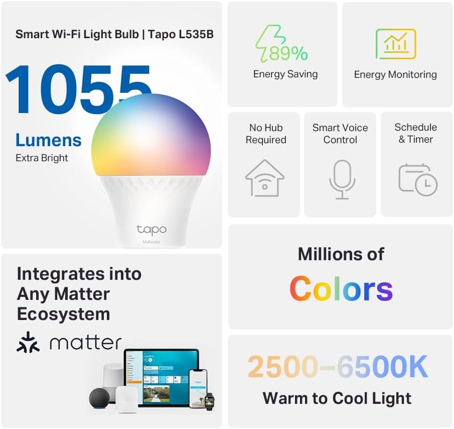 Tapo Matter Smart Wi - Fi LED Bulb, Multicolours, B22, 8.6W, Energy Monitoring, Works with Apple HomeKits, Amazon Alexa and Google Home, Colour - Changeable, No Hub Required (Tapo L535B) [Energy Class E] - Amazing Gadgets Outlet