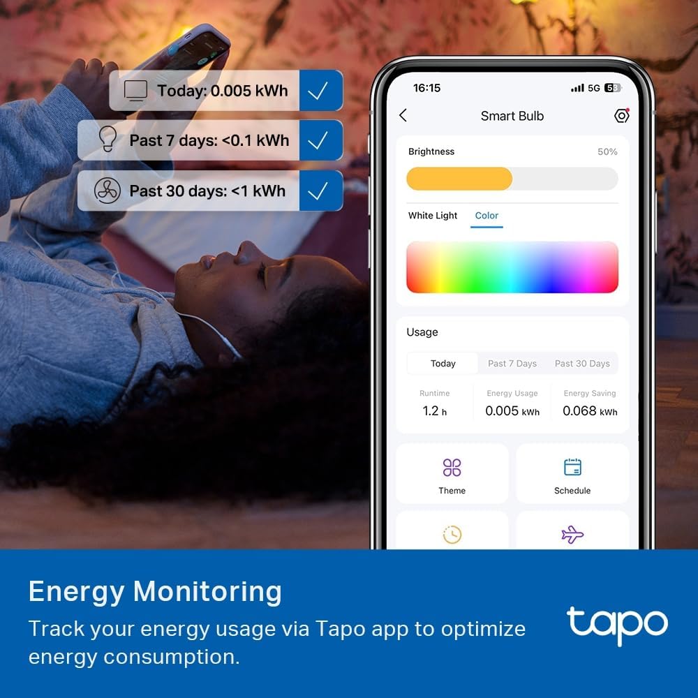 Tapo Matter Smart Wi - Fi LED Bulb, Multicolours, B22, 8.6W, Energy Monitoring, Works with Apple HomeKits, Amazon Alexa and Google Home, Colour - Changeable, No Hub Required (Tapo L535B) [Energy Class E] - Amazing Gadgets Outlet