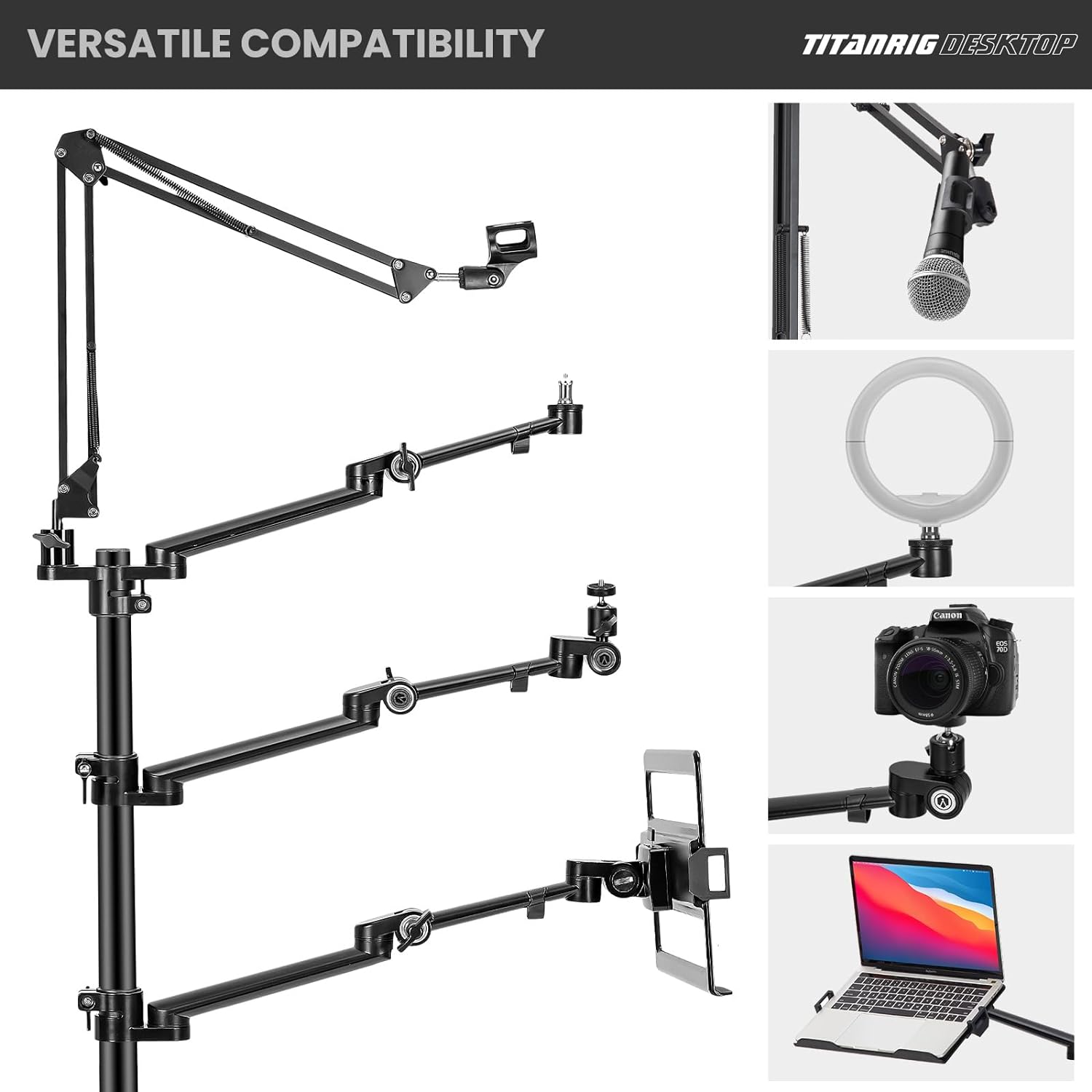 TARION Camera Arm Mount for Streaming: 4 - in - 1 Overhead Camera Desk Mount Stand Adjustable with 1 Mic Boom + 3 Articulating Arms for Camera Ring Light Monitor/Laptop Desktop Live Stream Stand TitanRig - Amazing Gadgets Outlet