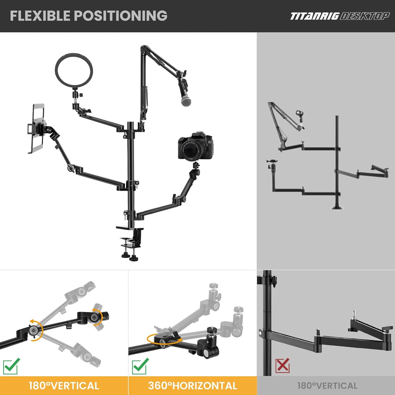 TARION Camera Arm Mount for Streaming: 4 - in - 1 Overhead Camera Desk Mount Stand Adjustable with 1 Mic Boom + 3 Articulating Arms for Camera Ring Light Monitor/Laptop Desktop Live Stream Stand TitanRig - Amazing Gadgets Outlet