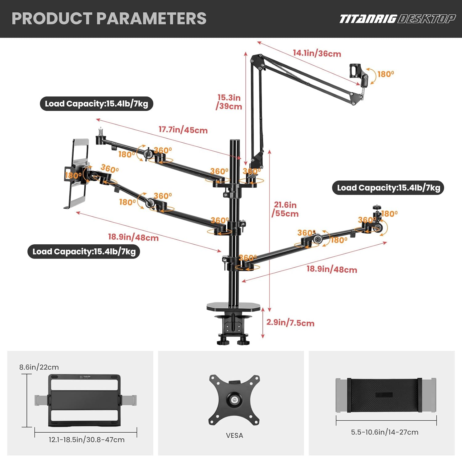 TARION Camera Arm Mount for Streaming: 4 - in - 1 Overhead Camera Desk Mount Stand Adjustable with 1 Mic Boom + 3 Articulating Arms for Camera Ring Light Monitor/Laptop Desktop Live Stream Stand TitanRig - Amazing Gadgets Outlet