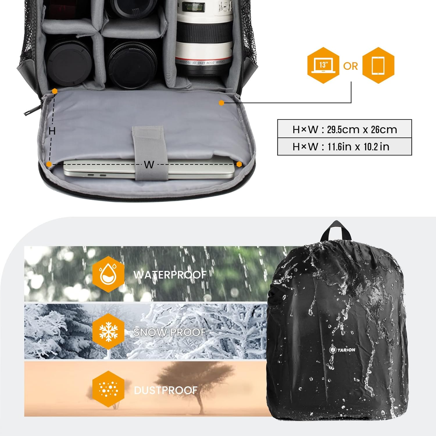 TARION Camera Backpack Waterproof Case Bag with Laptop Compartment and Rain Cover for DSLR SLR Camera Lens Flash Accessories Black - Amazing Gadgets Outlet