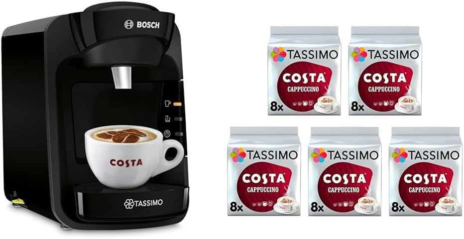 Tassimo by Bosch Suny Special Edition TAS3102GB Coffee Machine, 1300 Watt, 0.8 Litre, Black Variety Box Costa, Kenco, Cadbury and L'OR Coffee Pods (Pack of 5, Total 56 Coffee Capsules) - Amazing Gadgets Outlet