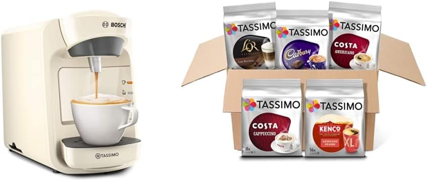 Tassimo by Bosch Suny Special Edition TAS3102GB Coffee Machine, 1300 Watt, 0.8 Litre, Black Variety Box Costa, Kenco, Cadbury and L'OR Coffee Pods (Pack of 5, Total 56 Coffee Capsules) - Amazing Gadgets Outlet