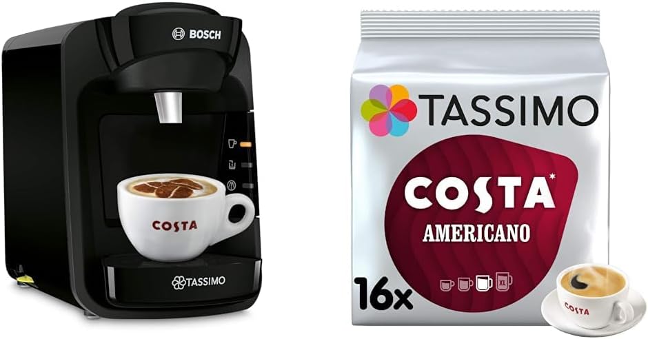 Tassimo by Bosch Suny Special Edition TAS3102GB Coffee Machine, 1300 Watt, 0.8 Litre, Black Variety Box Costa, Kenco, Cadbury and L'OR Coffee Pods (Pack of 5, Total 56 Coffee Capsules) - Amazing Gadgets Outlet