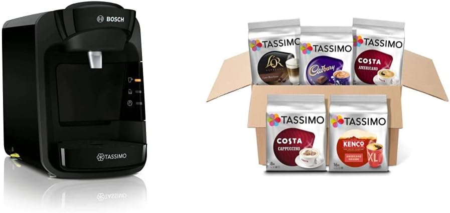 Tassimo by Bosch Suny Special Edition TAS3102GB Coffee Machine, 1300 Watt, 0.8 Litre, Black Variety Box Costa, Kenco, Cadbury and L'OR Coffee Pods (Pack of 5, Total 56 Coffee Capsules) - Amazing Gadgets Outlet