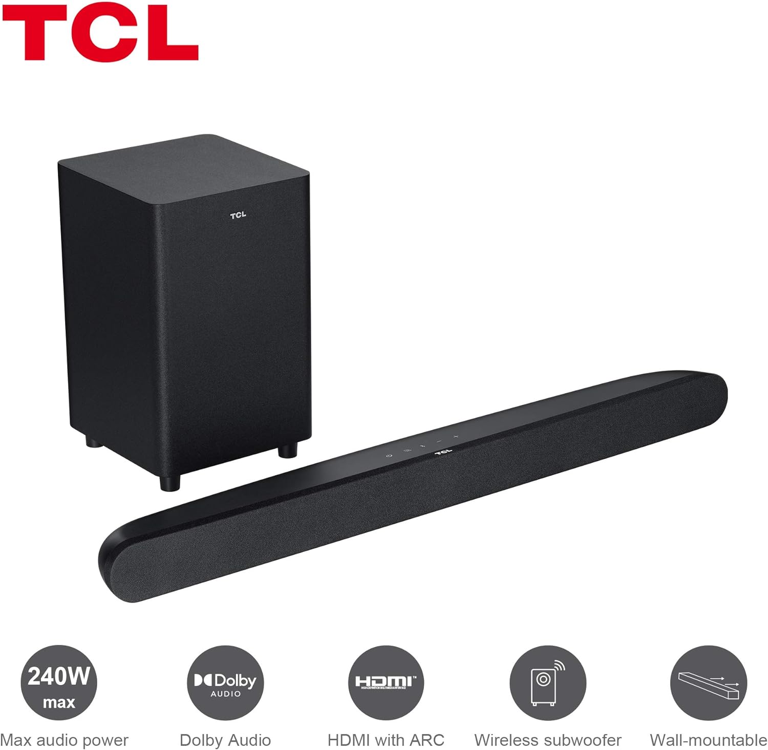 TCL TS6110 Sound Bar for TV with Wireless Subwoofers, Bluetooth Soundbar (240 Watt, Dolby Audio, HDMI ARC, Wall Mountable, Remote Control, Three Sound Modes) , Black - Amazing Gadgets Outlet