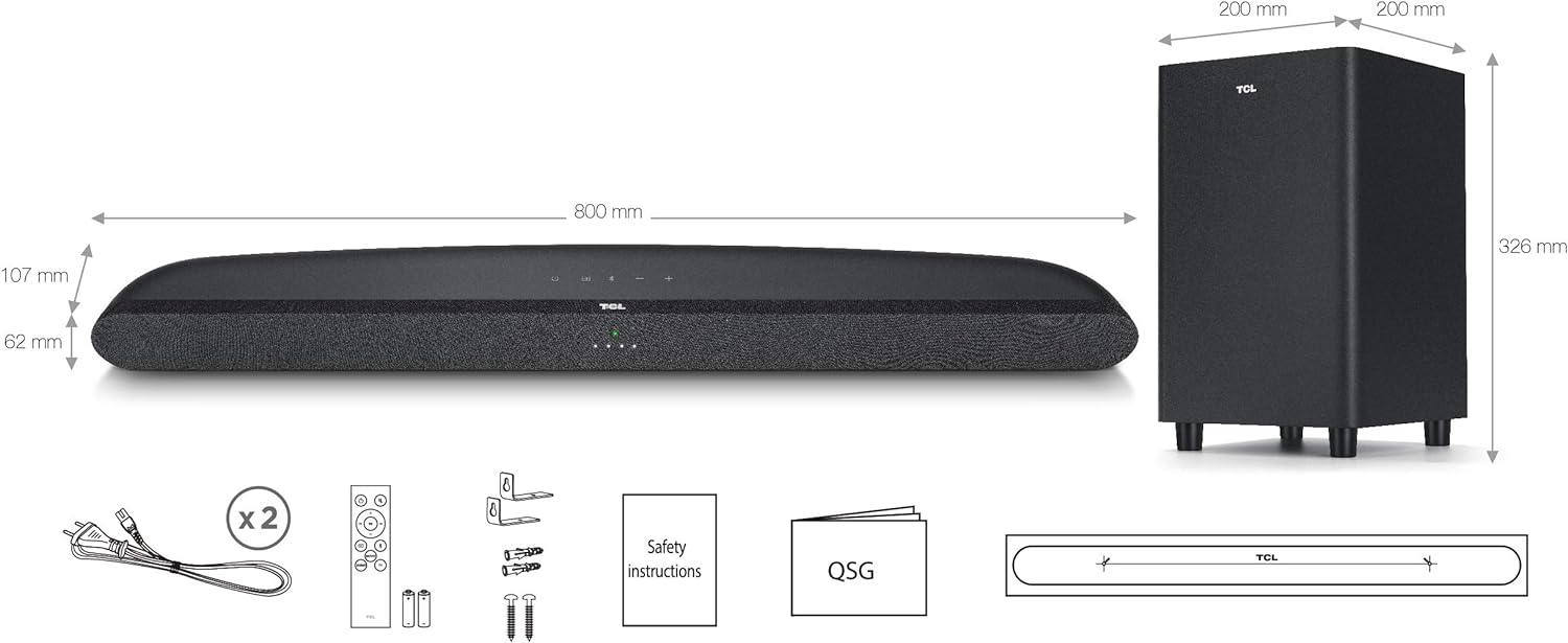 TCL TS6110 Sound Bar for TV with Wireless Subwoofers, Bluetooth Soundbar (240 Watt, Dolby Audio, HDMI ARC, Wall Mountable, Remote Control, Three Sound Modes) , Black - Amazing Gadgets Outlet