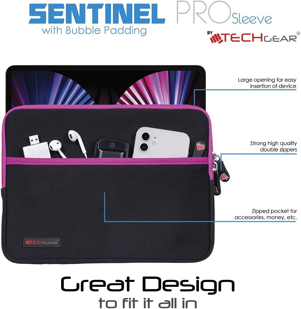 TECHGEAR Pro Sleeve [10] Slim Neoprene Zipped Pocket Sleeve Pouch Case with Anti - Shock Bubble for iPad 10.9 10.2, iPad Air 5 4 3 2, Samsung Tab A8 10.5, Tab S6 S7 S8, Lenovo Tab M10, Surface Go & more - Amazing Gadgets Outlet