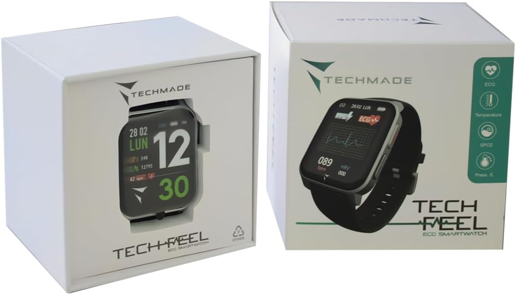 TECHMADE Smart Watch Tech Feel, ECG with a Distance, Heart Rate, Oxygen, Sports, Sleep Monitor, Call Notification, Compatible with iOS and Android (Silver Case - Black Strap) - Amazing Gadgets Outlet