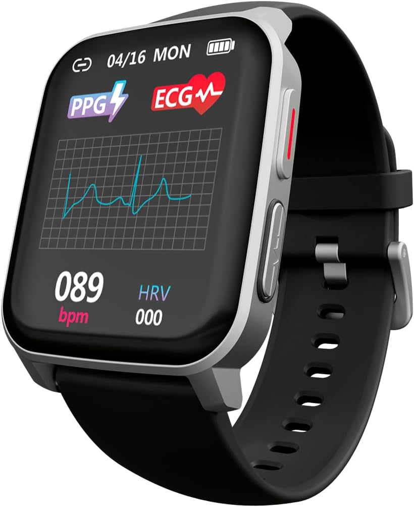 TECHMADE Smart Watch Tech Feel, ECG with a Distance, Heart Rate, Oxygen, Sports, Sleep Monitor, Call Notification, Compatible with iOS and Android (Silver Case - Black Strap) - Amazing Gadgets Outlet