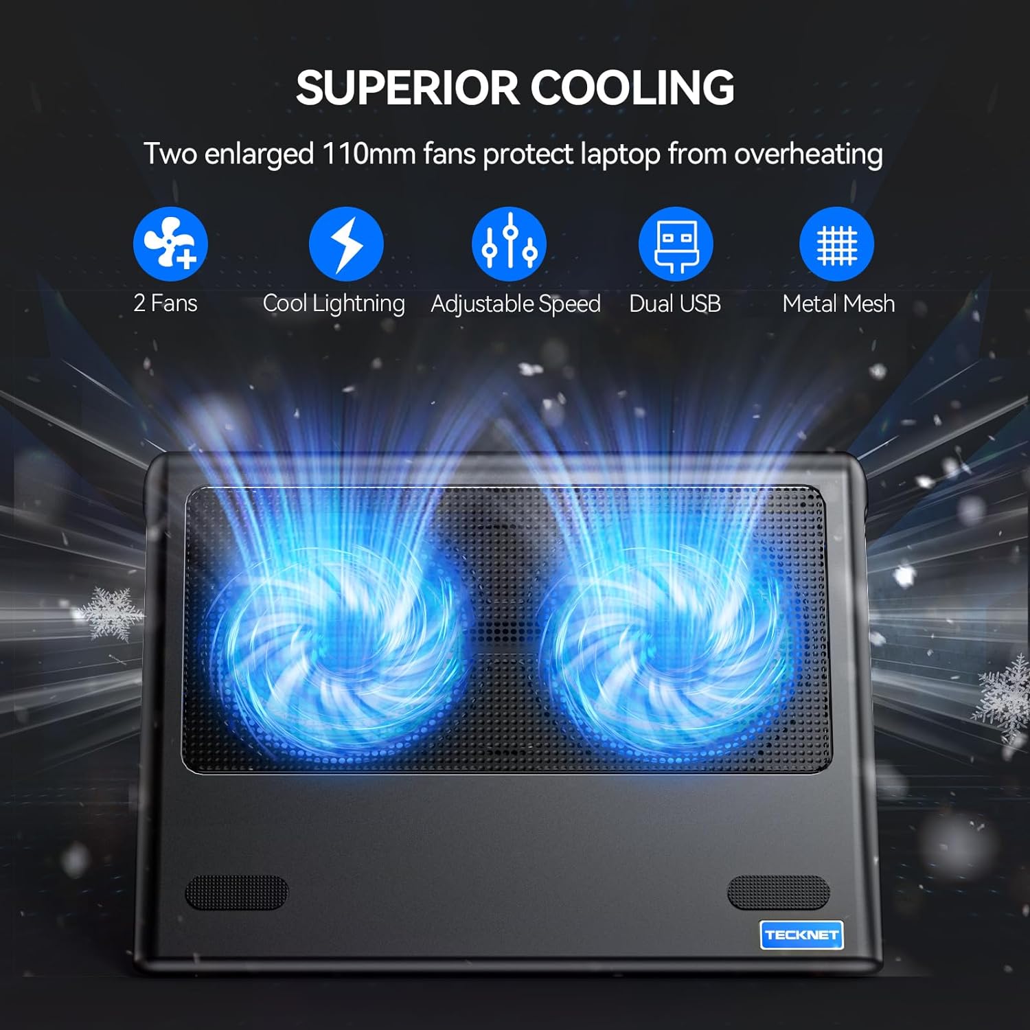 TECKNET Laptop Cooling Pad, 12" - 16" Laptop Cooler with 2 Ultra Quiet Fans, Gaming Cooling Pad Stand, Adjustable Fans Speed, Ergonomic Comfort Gaming Notebook Laptop Cooling Tray - Amazing Gadgets Outlet